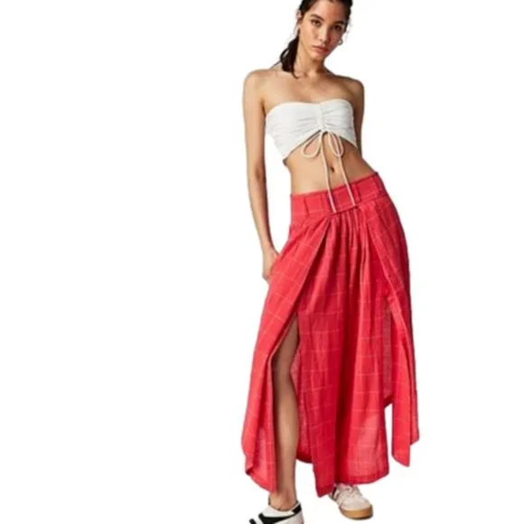 046 Free People Lunar Cove Wide-Leg Pants in Red Combo Size Medium - Picture 1 of 8